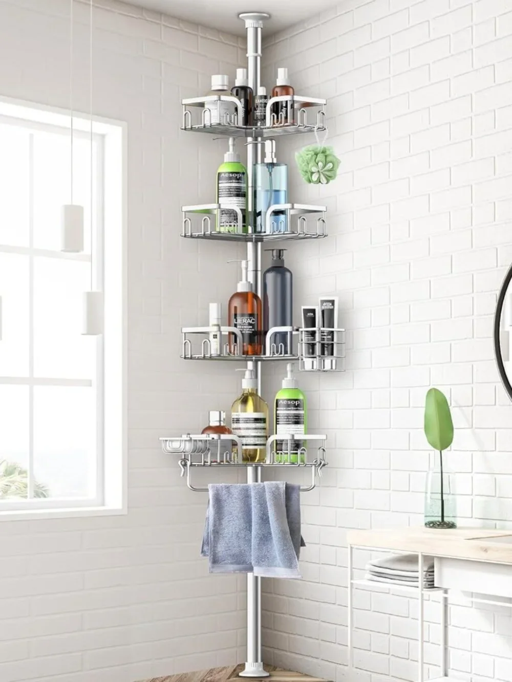 Adjustable 4-Tier Corner Shower Caddy Tension Pole - Stainless Steel Organizer